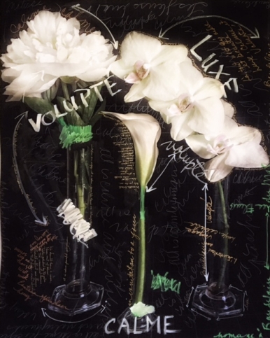 Hand painted pigment print on Moab fine art paper print by Alexandra Penny featuring flowers and colored handwritten text over a black background
