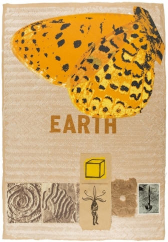 Screen print college of a large orange butterfly on the top right corner with 'EARTH' printed in the middle and small photographs by the bottom by Joe Tilson