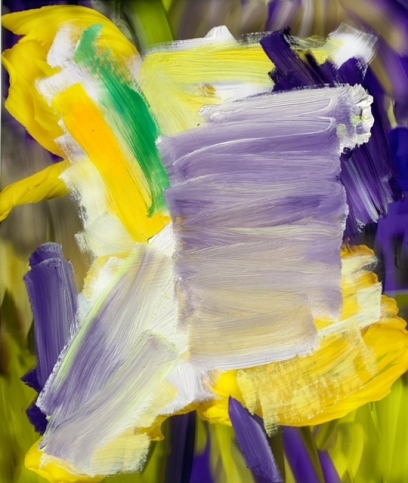 Abstract painting with wide white, black, yellow, green, and purple brushstrokes by Alexandra Penney
