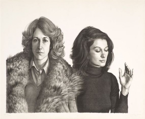 Claudio Bravo lithograph featuring two women: one wearing a fur coat and the other a turtleneck