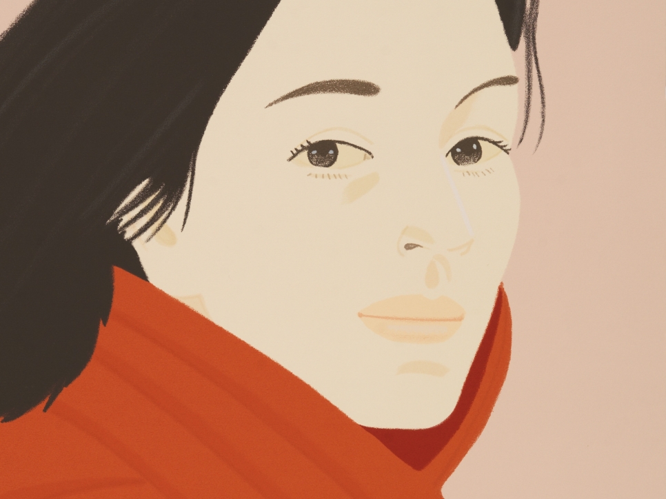 detail view of an Alex Katz silkscreen depicting a brown haired woman at 3/4 view wearing a red coat against a pink background
