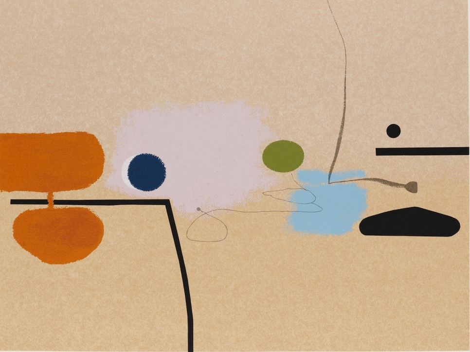 Screenprint by Victor Pasmore depicting a beige background and an abstract composition of black, orange, blue, and green markings