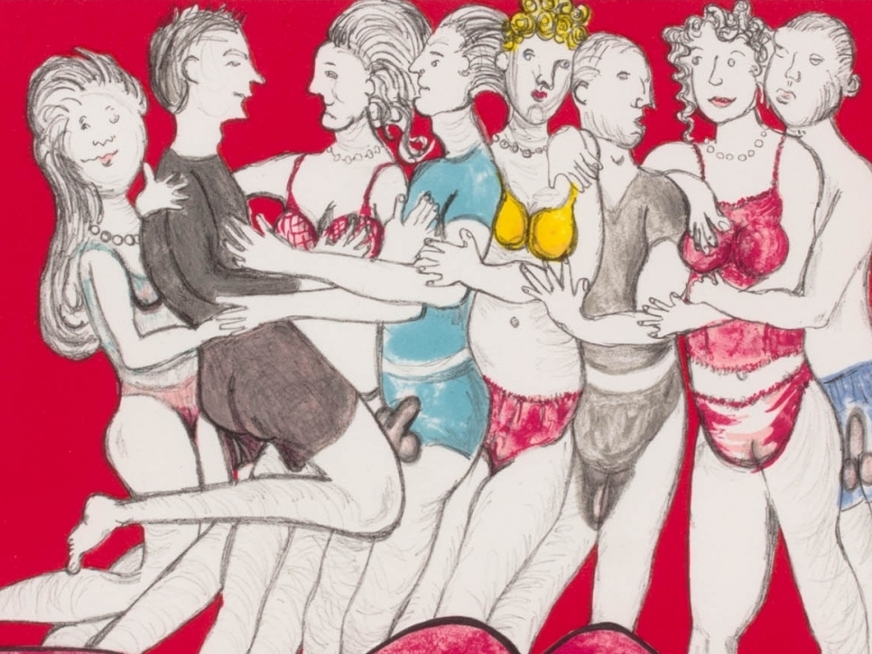 Louise Bourgeois lithograph depicting eight figures in undergarments on a red bed 