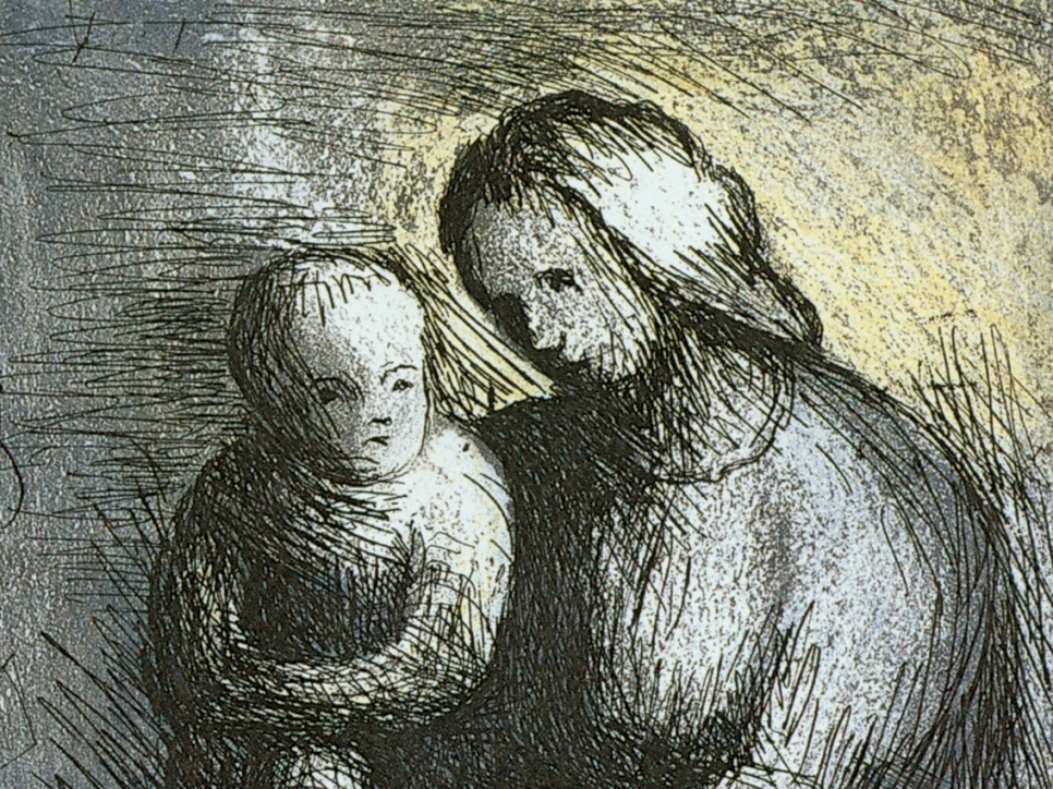 Aquatint by Henry Moore depicting a sketch of a mother and child against a yellow and grey background