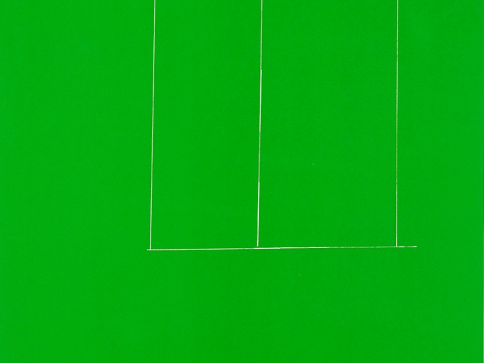 detail view of a green Robert Motherwell screen print depicting a green background and a faint white rectangular sequence