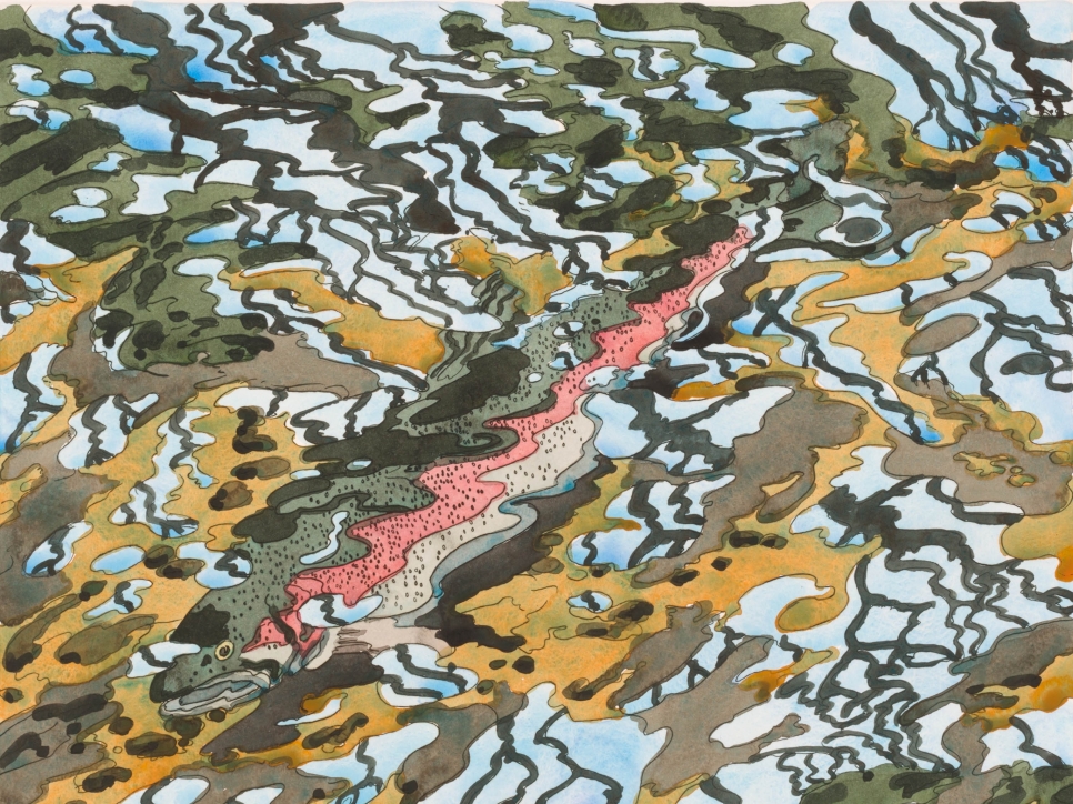 Hand-colored etching by Neil Welliver of curved curved yellow, green, and brown lines over blue and featuring a salmon fish
