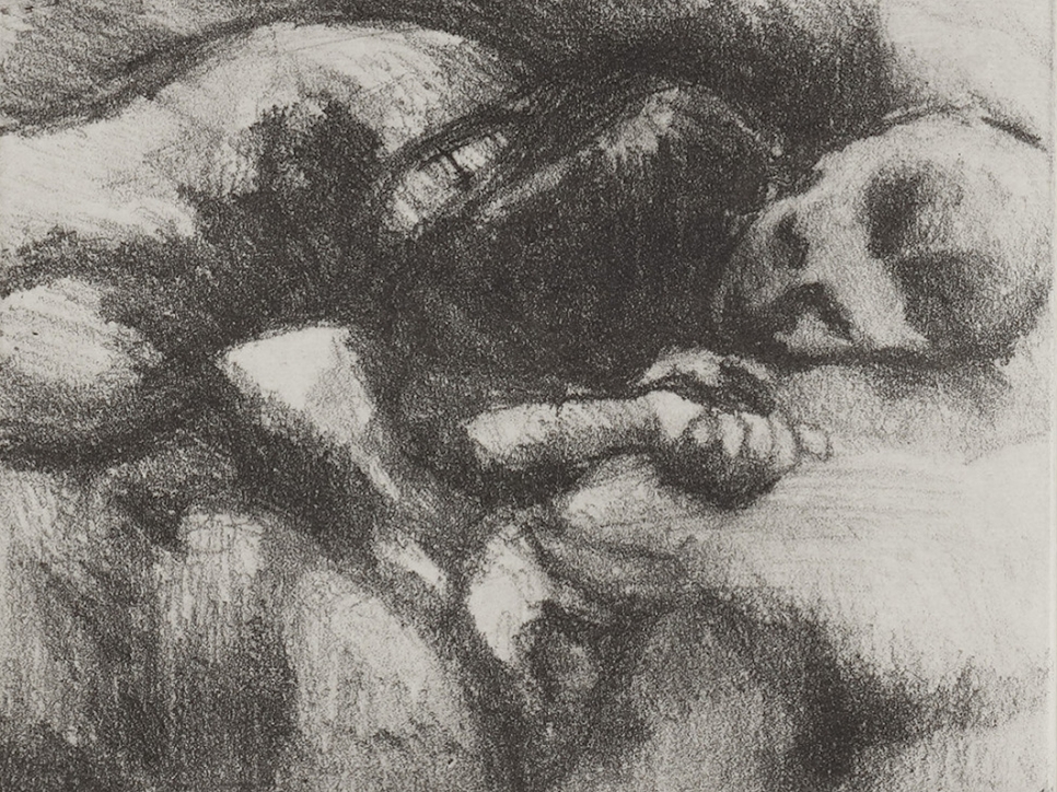 Celia Paul sketched etching of a figure resting on its side 