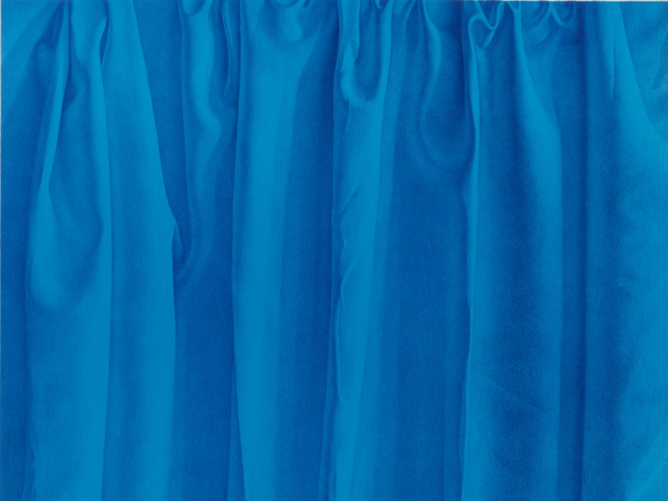 detail view of a Claudio Bravo lithograph featuring a blue curtain