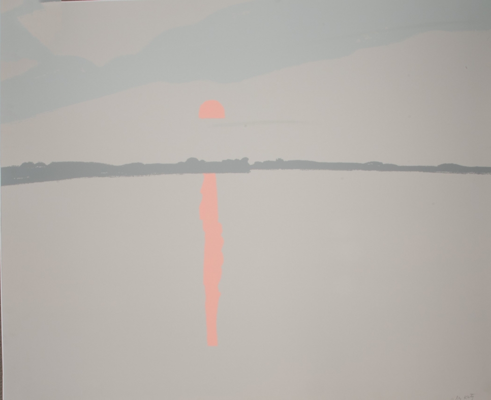 Alex Katz screenprint in five colors featuring a grey landscape with salmon sunset over water and its reflection
