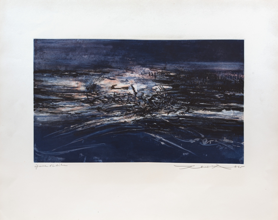Etching with aquatint print by Zao Wou-Ki featuring an abstract dark landscape scene using mostly blues and hints of orange