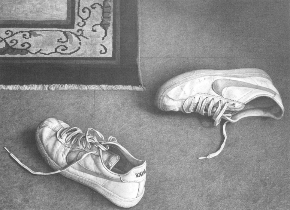 Lithograph of used sneakers next to a corner of a rug by Claudio Bravo 