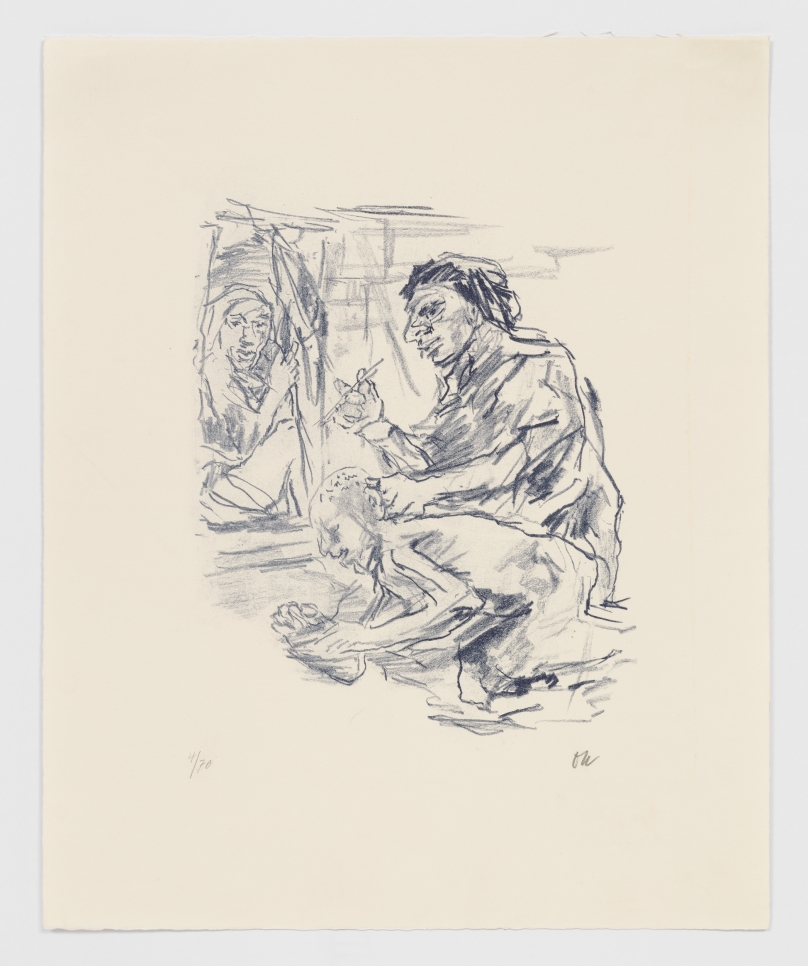Lithograph showing three figures, one writing a letter on another's head with a third figure standing behind by Oskar Kokoschka