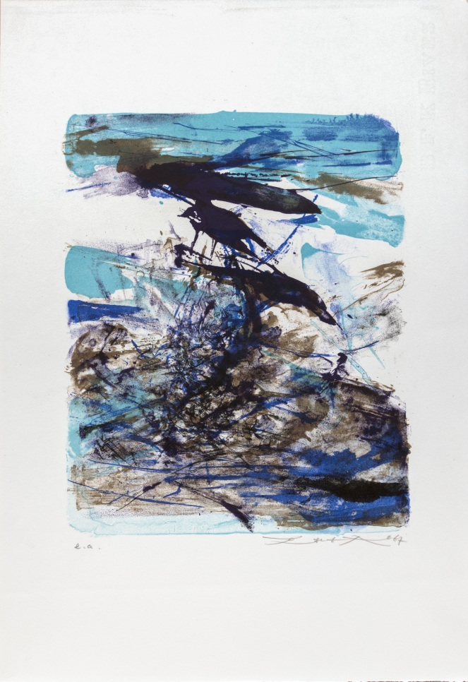 Zao Wou-Ki lithograph featuring an abstract composition using blues and brown