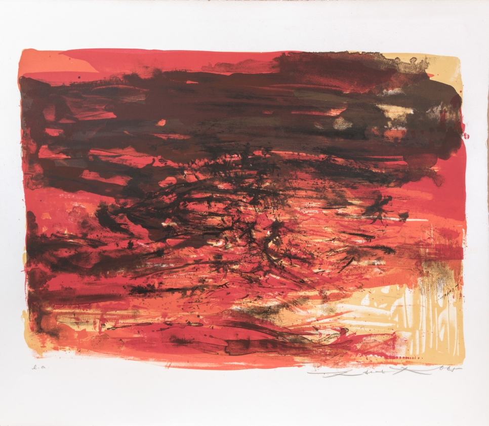 Zao Wou-Ki lithograph featuring an abstract composition of warm tones on white paper