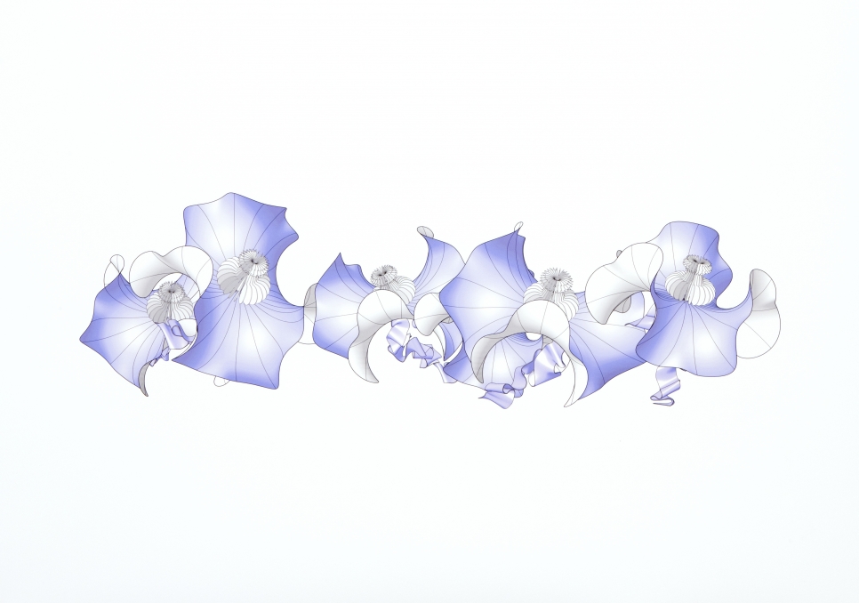 Digital inkjet print on paper showing white and blue abstract 3D shapes on a white background by Alice Aycock