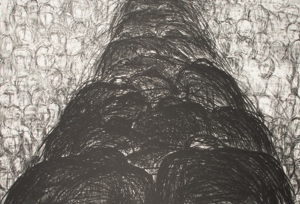Magdalena Abakanowicz lithograph featuring a dark path in the middle surrounded by light circles signifying heads