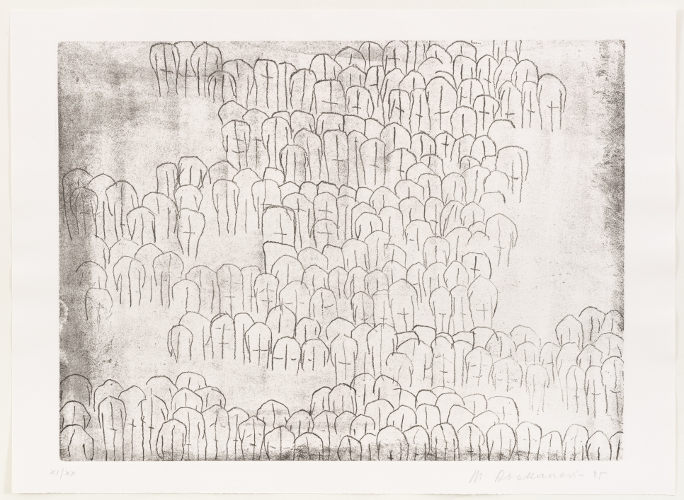 Magdalena Abakanowicz etching featuring a crowd of pointed corporeal shapes throughout