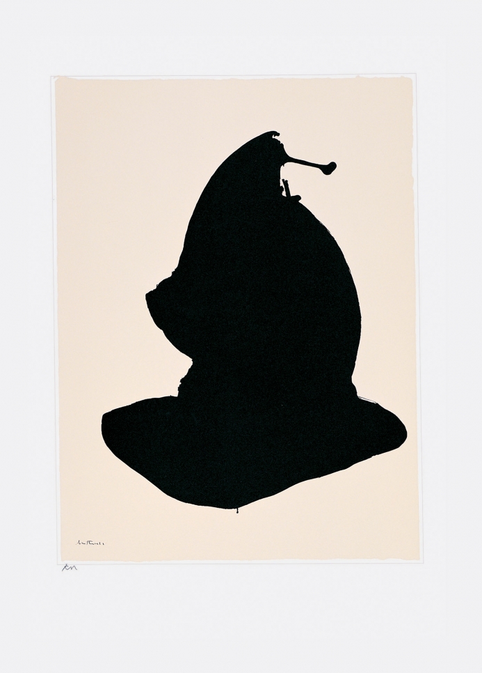 Black screen print of an abstract shape on white paper by Robert Motherwell