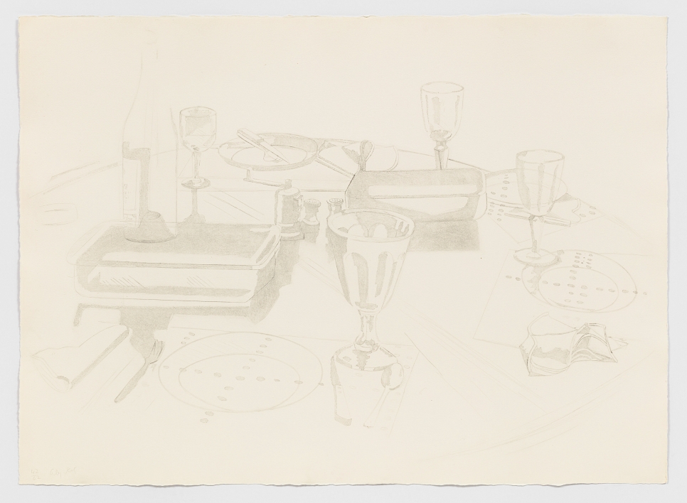 Aquatint and drypoint of a dinner table with tableware, glassware, and a wine bottle by Alex Katz