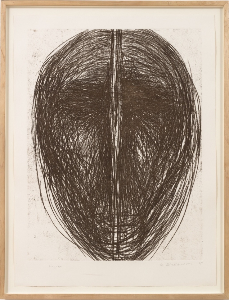 Framed etching by Magdalena Abakanowicz featuring an abstract scribbled oval with a crease