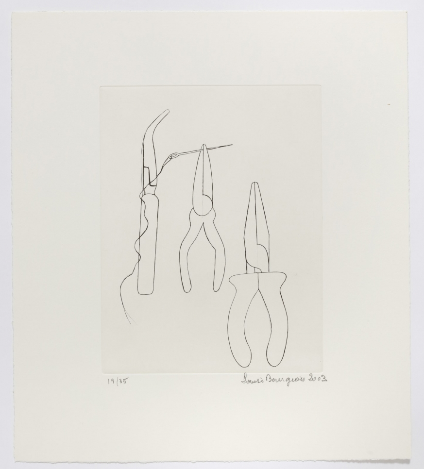 Drypoint of work tools, including tweezers and two pliers, one of which is pinching a needle with thread by Louise Bourgeois