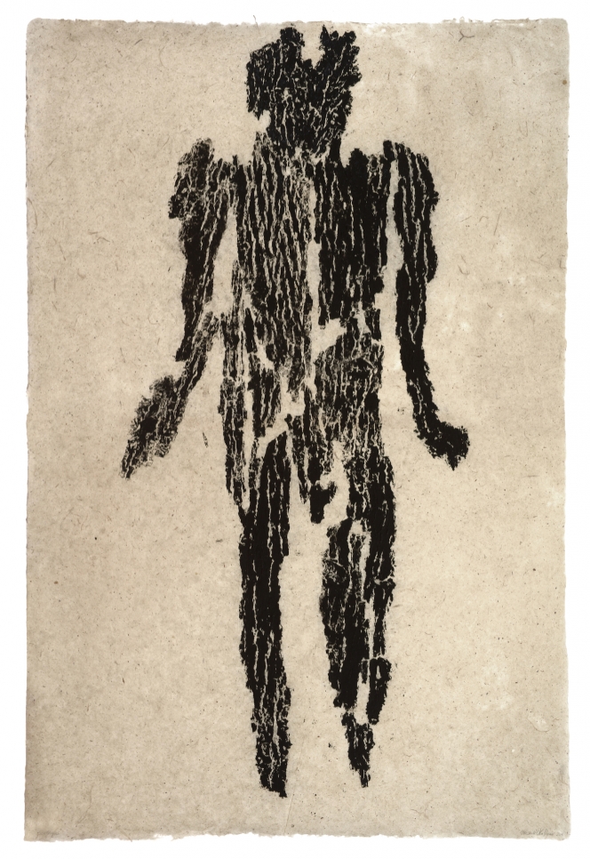 Monoprint by Michele Oka Doner of a black figure on a white background 