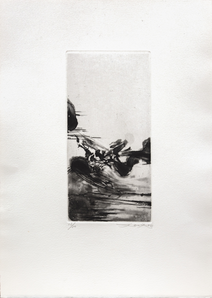 Zao Wou-Ki etching and aquatint print by Zao Wou-Ki featuring black abstract markings on the lower half of the narrow rectangular plate